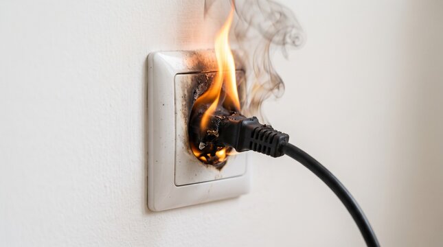 Macro close-up of melting wall outlet with flames and smoke showing electrical fire hazard on interior wall