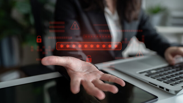 Password security breach warning with red asterisk box, cybersecurity alert, lock icons, and critical vulnerability signals in digital system access Latch