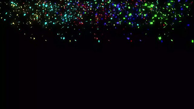 Colourful festive animation of confetti shooting out from bottom of screen with Multi Coloured Confetti Rain in 3D Space on black background, for party and event celebration, 4k