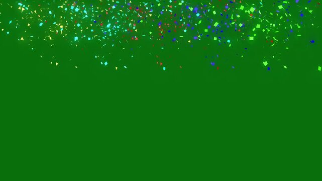 Colourful festive animation of confetti shooting out from bottom of screen with Multi Coloured Confetti Rain in 3D Space on green background, for party and event celebration, 4k