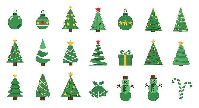 Holiday icons set with christmas trees and ornaments