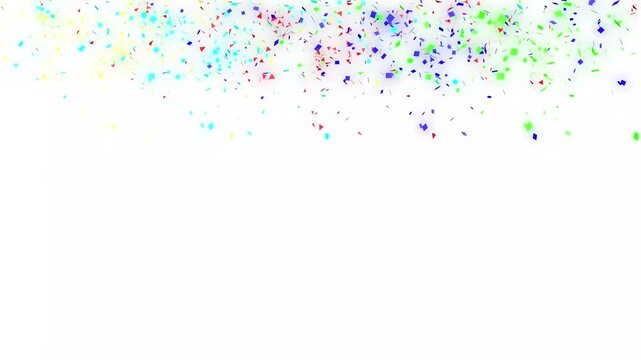 Colourful festive animation of confetti shooting out from bottom of screen with Multi Coloured Confetti Rain in 3D Space on white background, for party and event celebration, 4k confetti Slow motion