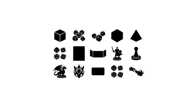 Fantasy RPG Icons, Dice Set, Dragon, Warrior, Game Master Screen Vector Graphics