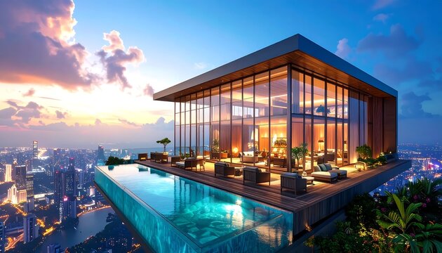 Modern luxury house with infinity pool at dusk.