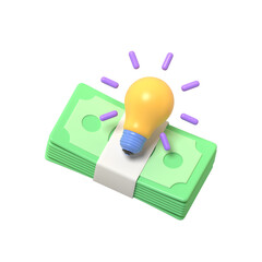 Fototapeta premium 3D render of a stack of green cash currency bills tied with a band featuring a glowing yellow light bulb symbol representing creative business ideas and financial investm.3d render