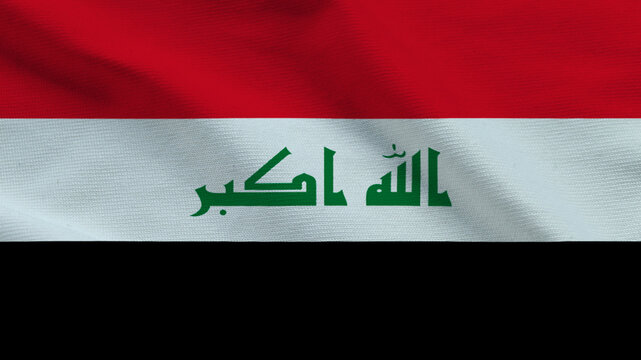 National flag of Iraq on wavy cloth. Features red, white, and black horizontal bands with green Arabic script. Professional top-down view for news and national events.