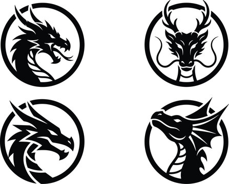 Dragon head mascot badge vector set featuring fierce mythological creatures embedded in circular emblem frames for esports gaming team logos or tattoos