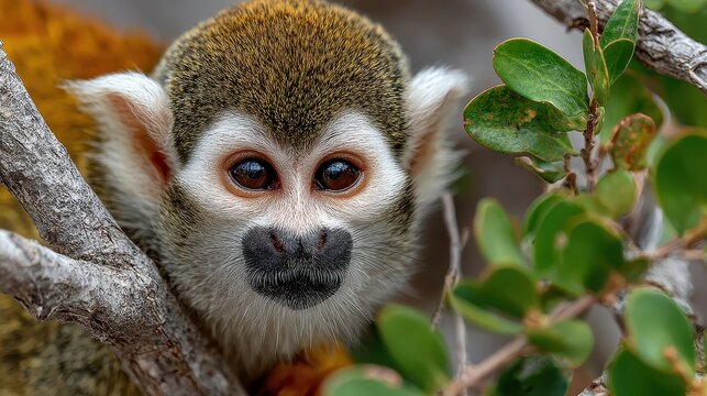A captivating close-up reveals a squirrel monkey amidst branches and foliage, highlighting its expressive eyes and the lush environment of its natural habitat