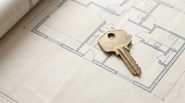 A close-up view of a metal key resting on a detailed architectural floor plan with a cl&eacute; maison