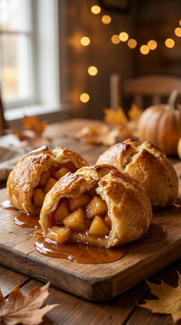 Warm apple dumplings with caramel sauce served on a rustic wooden board