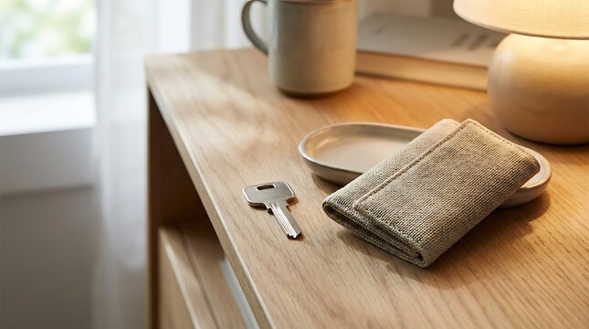 A close-up view of a house key on a wooden entryway table with a wallet