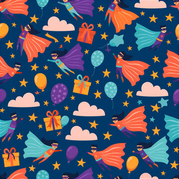 Birthday Superhero Party Seamless Pattern
