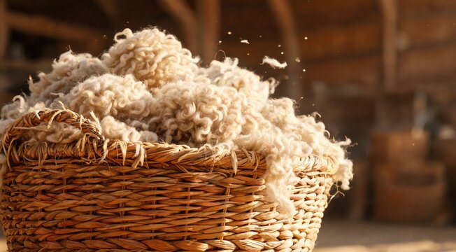 A woven basket filled with fluffy, white wool sits in a rustic setting. The wool appears soft and natural, showcasing its texture and color.