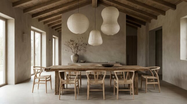 Rustic modern dining room with exposed ceiling beams.