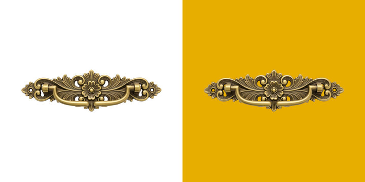 Antique ornate brass drawer pull with detailed flower and leaf scrollwork design transparent png