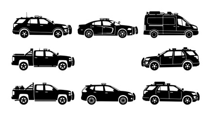 Police Car Icons, Law Enforcement Vehicles, Security Patrol Cars, Emergency Service Fleet Vector Set © Sreya