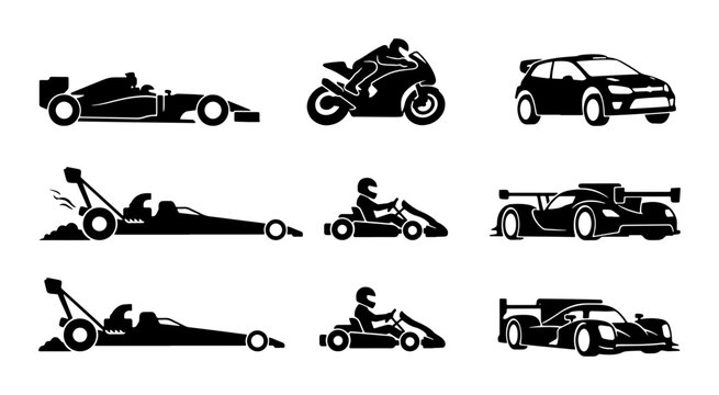 Racing Vehicles Vector Icons: Formula 1, Motorcycle, Sports Car, Dragster, Go-Kart