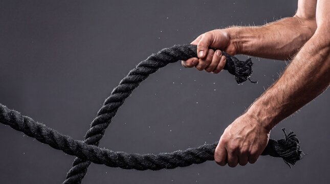 A muscular male athlete grips a thick black battle rope, demonstrating strength and fitness. The background is dark, emphasizing the action.