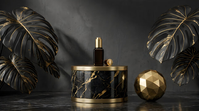 Black glass cosmetic serum bottle on a round marble pedestal with tropical leaves in dark studio