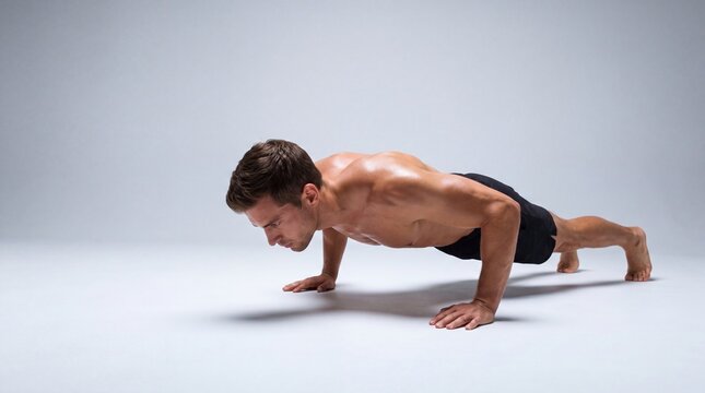A young Caucasian man performs push-ups on a gray surface. He has short brown hair and a fit physique, showcasing strength and determination in his workout.