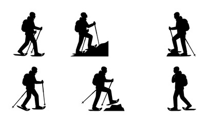 Fototapeta premium Snowshoeing Silhouette Icons, Winter Hiking Vector Set, Outdoor Adventure Graphics