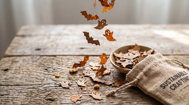 Autumn flat lay with a small burlap sack spilling dried leaves and spices on wood