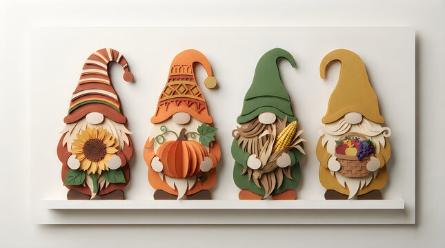 Four cute autumn gnomes holding harvest items like pumpkins sunflowers and corn for fall decoration