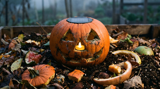 Carved Jack-o-lantern pumpkin surrounded by decaying fruit and compost