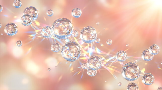 Clear water droplets on a soft pastel orange and pink blurred background