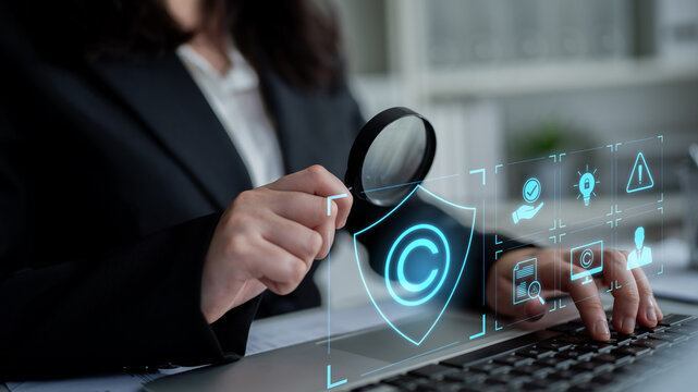 Digital copyright protection system showing secure ownership, intellectual property rights, content verification, and legal warning icons for creators and publishers Latch