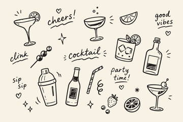 Cocktail doodles: A charming collection of hand-drawn illustrations depicting various cocktails, barware, and festive expressions, perfect for a lively celebration. © Taha