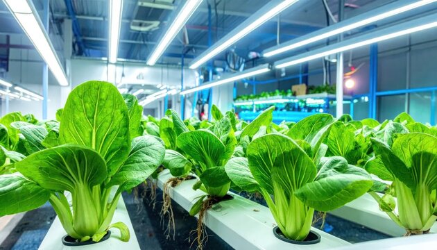 Vertical hydroponic farm growing green leafy vegetables indoors.