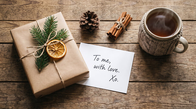 Simple rustic gift wrapped in kraft paper with twine and a small handwritten note