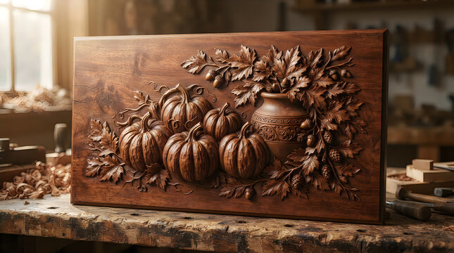 Decorative wood carving of pumpkins and autumn leaves on a wooden board in a workshop