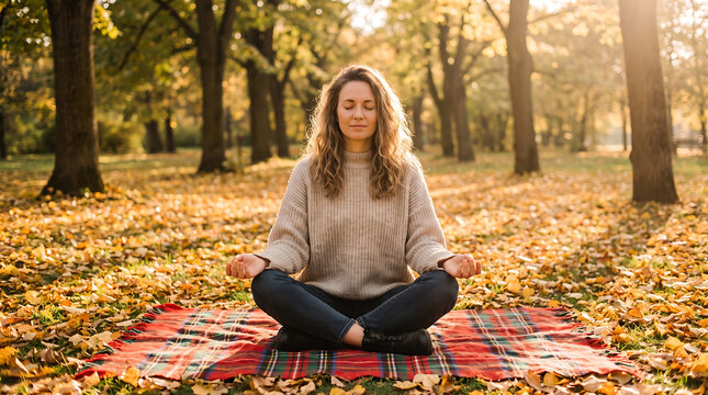 Front view of a woman practicing mindfulness meditation in an autumn forest