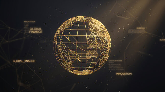 Abstract digital gold wireframe Earth globe with glowing data connections