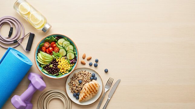 A fitness nutrition visualization showing concept fitness and healthy proper nutrition with space for text from top view for sport and wellness concepts 3D render concept fitness and healthy proper