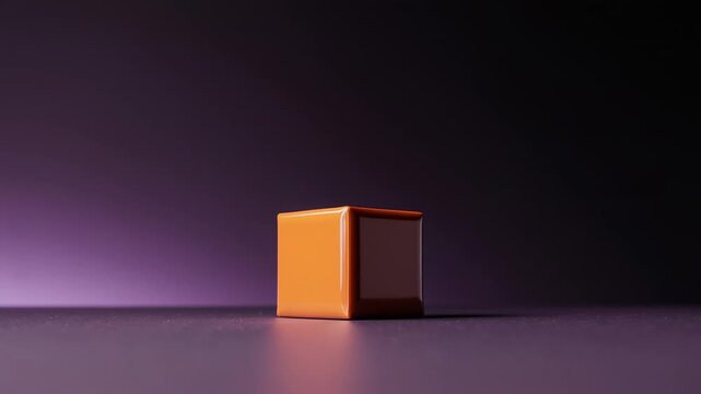 Orange cube rotating on dark surface with soft lighting