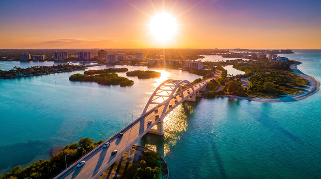 Aerial view of a long bridge connecting tropical islands during a vibrant sunrise