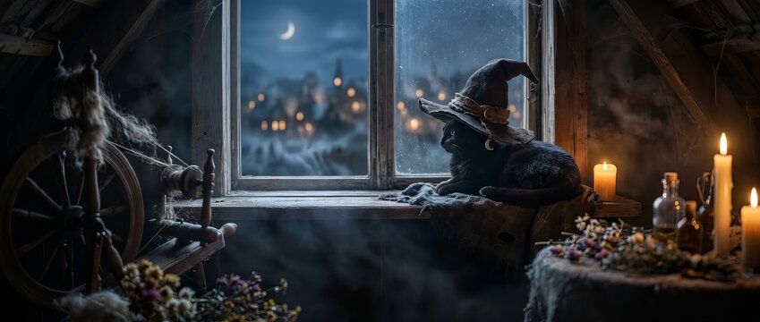 Black cat wearing witch hat sitting on windowsill in attic at night with candles. Halloween magic and spooky witchcraft concept. Mystical occult atmosphere for holiday greeting card