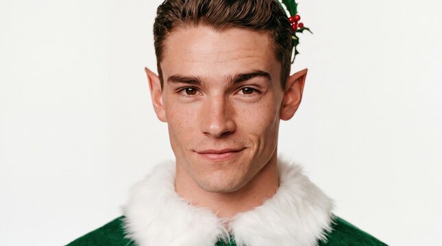 Young Caucasian man with short brown hair and elf ears, wearing a green outfit with white fur trim and a festive decoration in his hair.