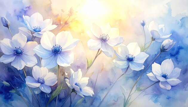 Watercolor painting of soft blue anemone flowers.
