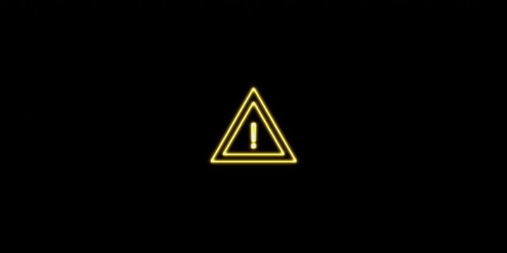 Glowing yellow neon warning triangle sign animation on black background