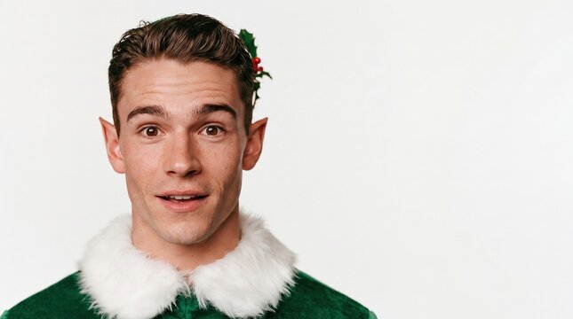 Young Caucasian man with short brown hair and elf ears, wearing a green costume with white fur trim, smiling cheerfully against a plain background.