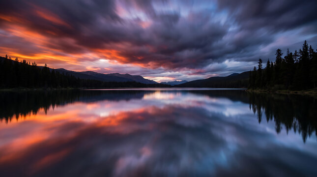 Spectacular dramatic sunset sky perfectly reflected on the surface of a calm lake