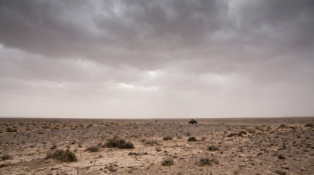 Barren desert landscape under a dramatic overcast sky