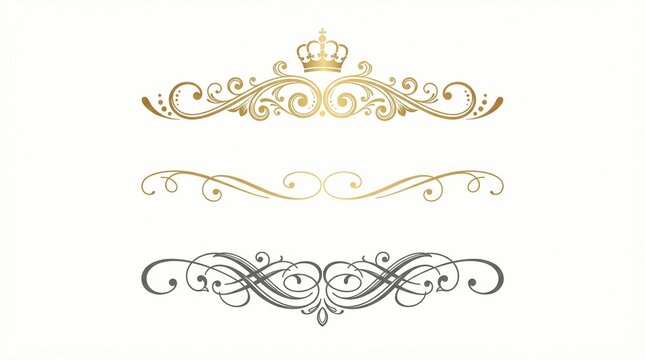 Elegant golden and silver vintage scroll flourishes featuring intricate swirls with a royal crown icon isolated on plain white background for luxury wedding invitation design projects