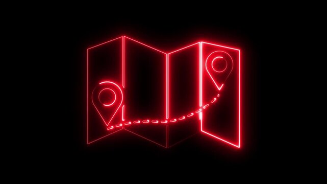 Neon red map with navigation route and location pins animation