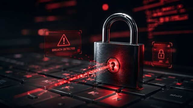 Metallic padlock on laptop keyboard emitting red light with breach detected warning. Concept of data encryption failure, cyber attack alert, and system vulnerability.