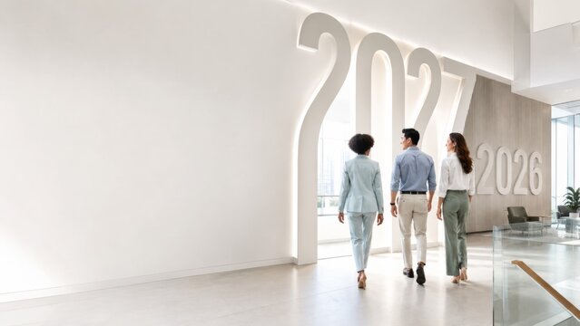 Transition between 2026 and 2027 new year with three people walking in office